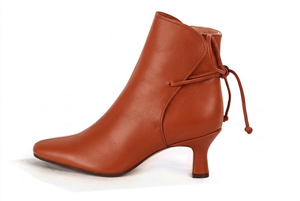 Feminine back lace-up ankle boots featuring romantic corset-style ties, designed for a striking silhouette from day to evening, in terracotta leather with square toe and mid spool heel - Florence KOOIJMAN